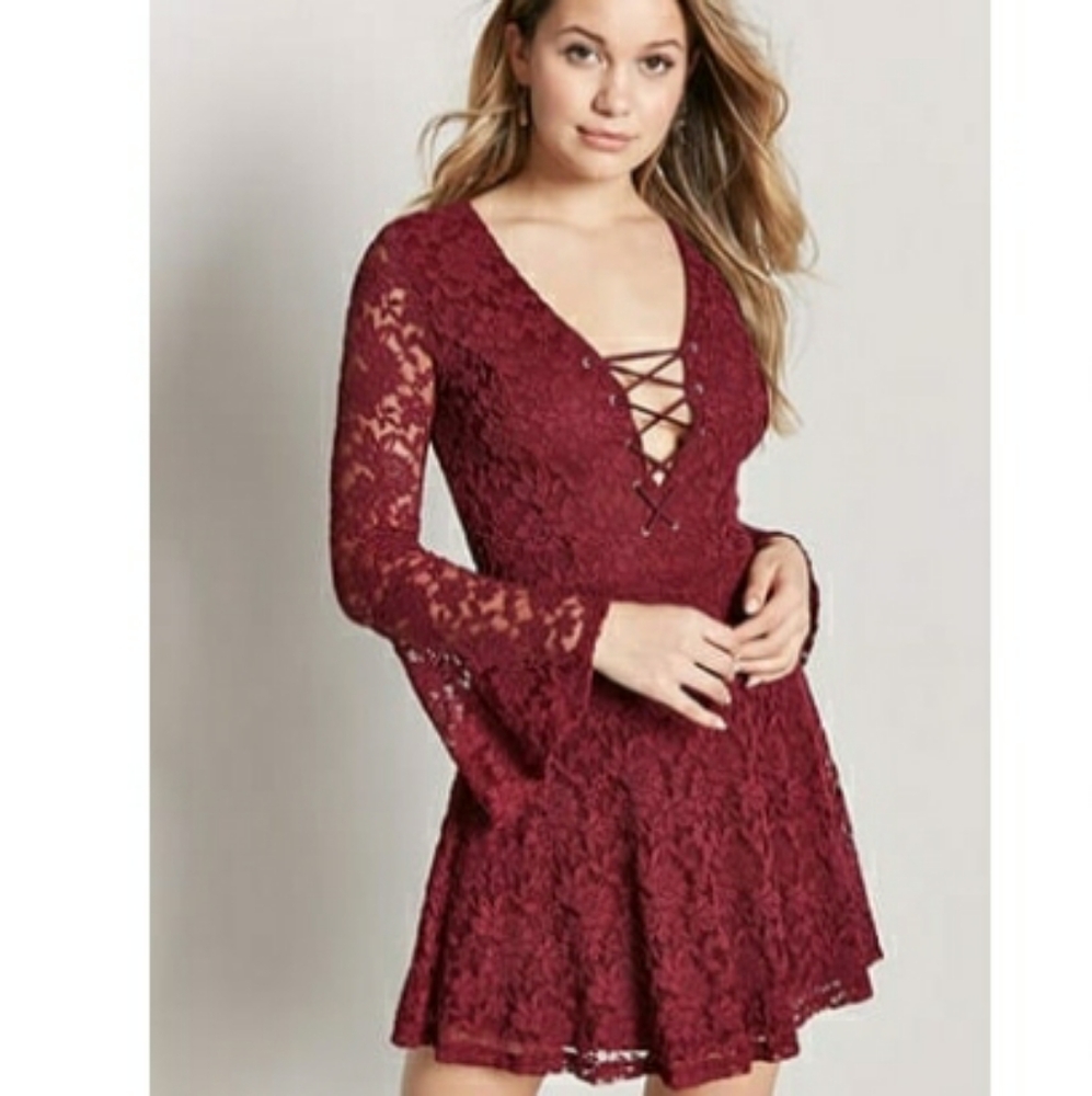 NEW burgundy Lace Bell-sleeve Dress